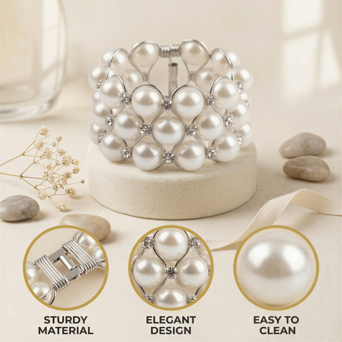 The image showcases a bracelet made of white pearls and silver beads, placed on a white pedestal. The bracelet has a sturdy material and an elegant design, and it is easy to clean.