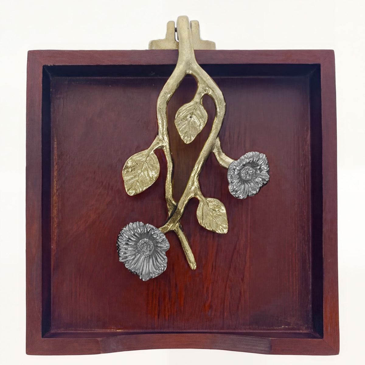 Solid wood napkin holder with silver and gold finish ornament, stylish dispenser for elegant table settings.