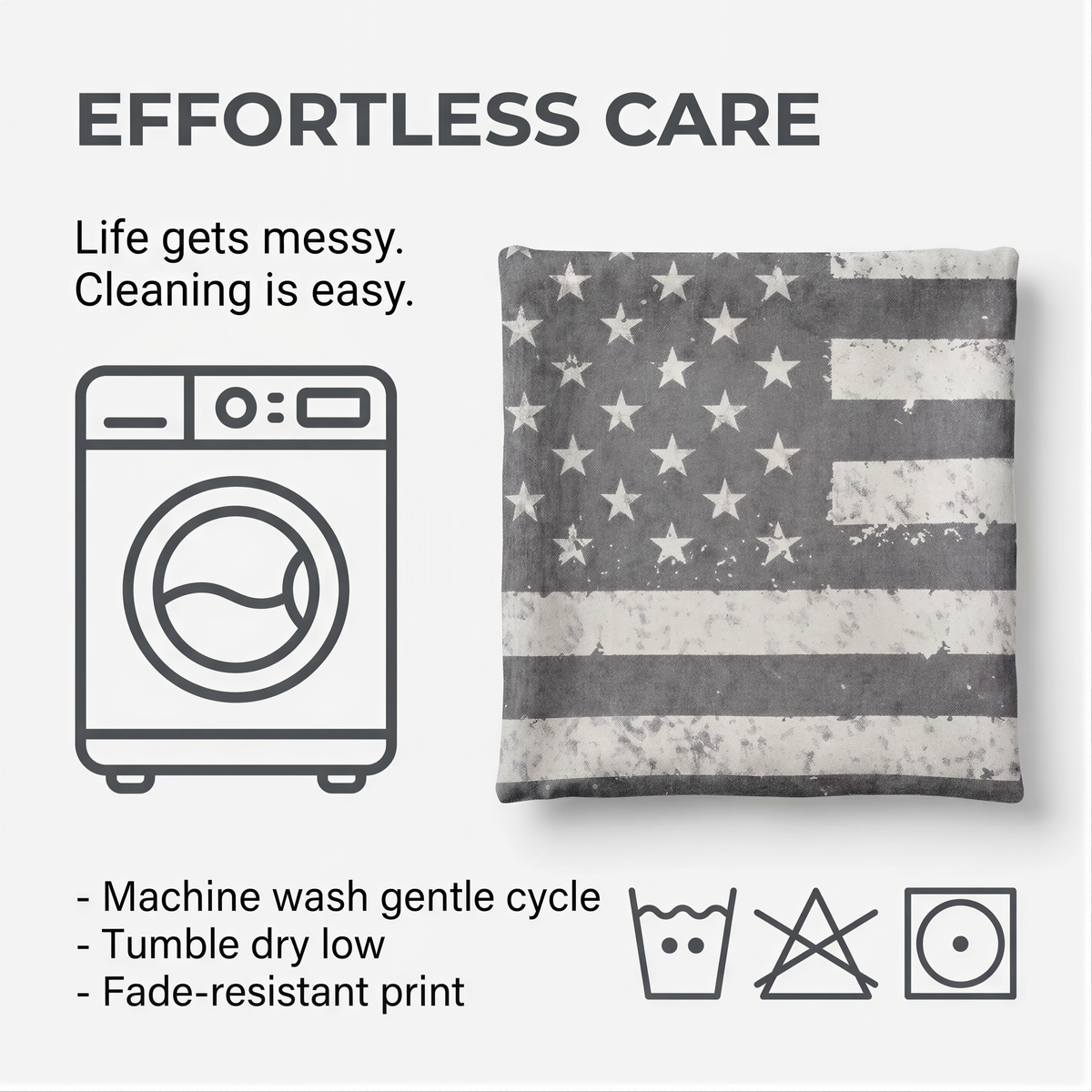 The image is a collage of two images: a black and white illustration of a washing machine and a black and white illustration of an American flag. The text above the images reads "EFFORTLESS CARE" and below the images, there are instructions for washing the flag, including a gentle cycle, tumble dry low, and a fade-resistant print.