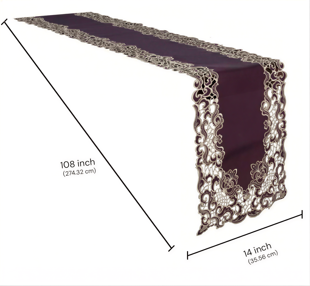 a long, purple table runner with a decorative floral pattern. The runner is described as having a lace-like design and is shown in two different sizes: 108 inches and 14 inches.