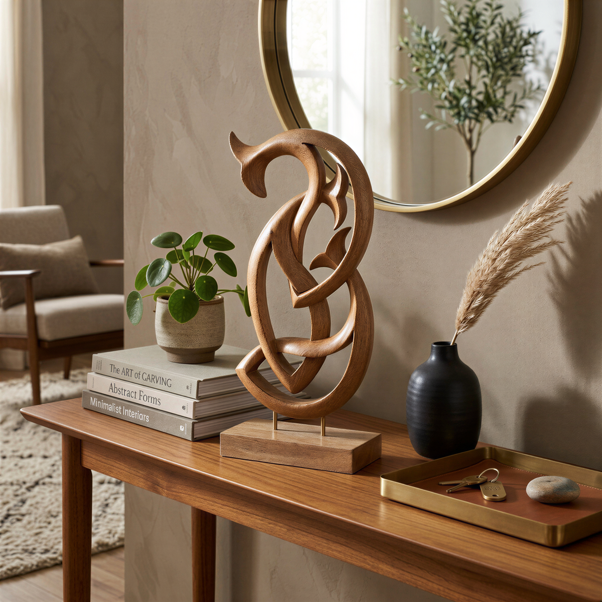 a wooden table with various decorative items on it, including a wooden sculpture, a black vase with a plant, and a stack of books. The table is situated in a room with a round mirror and a window, creating a cozy and stylish atmosphere.