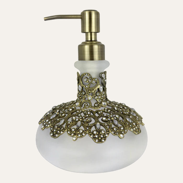 Soap Dispenser Gift – Luxury Frosted Glass Bathroom Lotion Pump with Pewter & Rhinestones