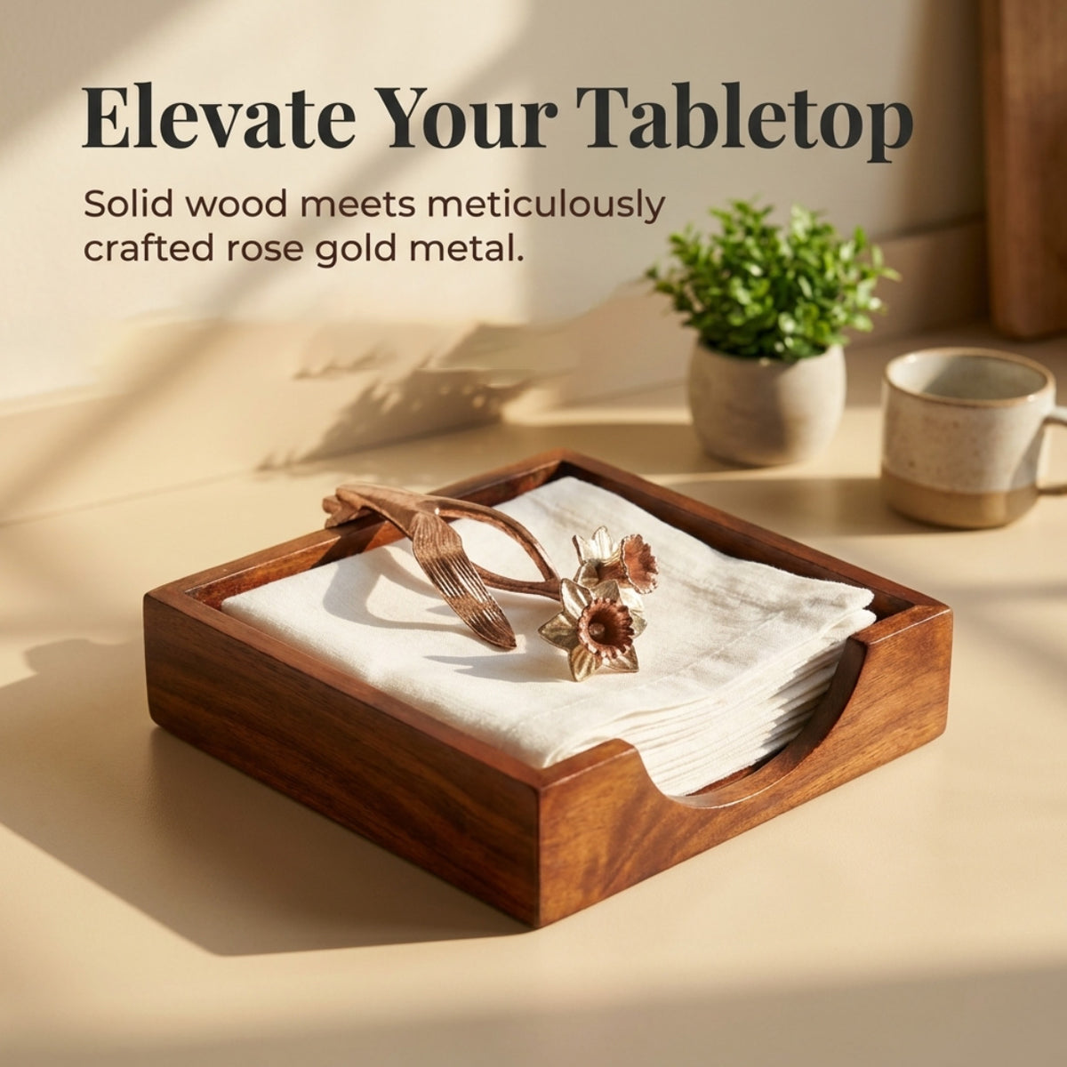 Solid Wood Napkin Holder with Rose Gold Finish Ornament
