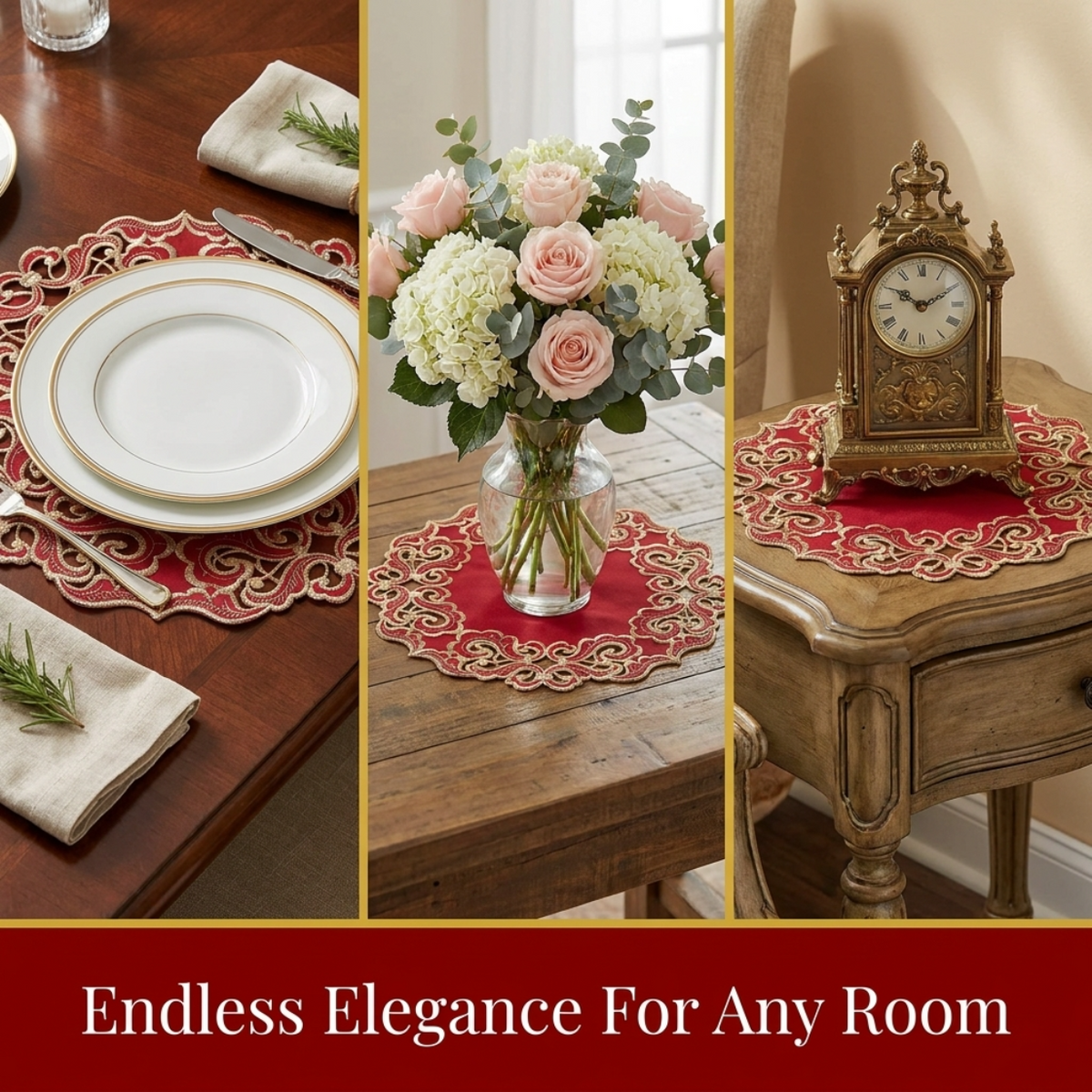 Crimson Glow burgundy and gold table doilies from Granada Collection, 15-inch elegant home décor by RIZ-005-DL.