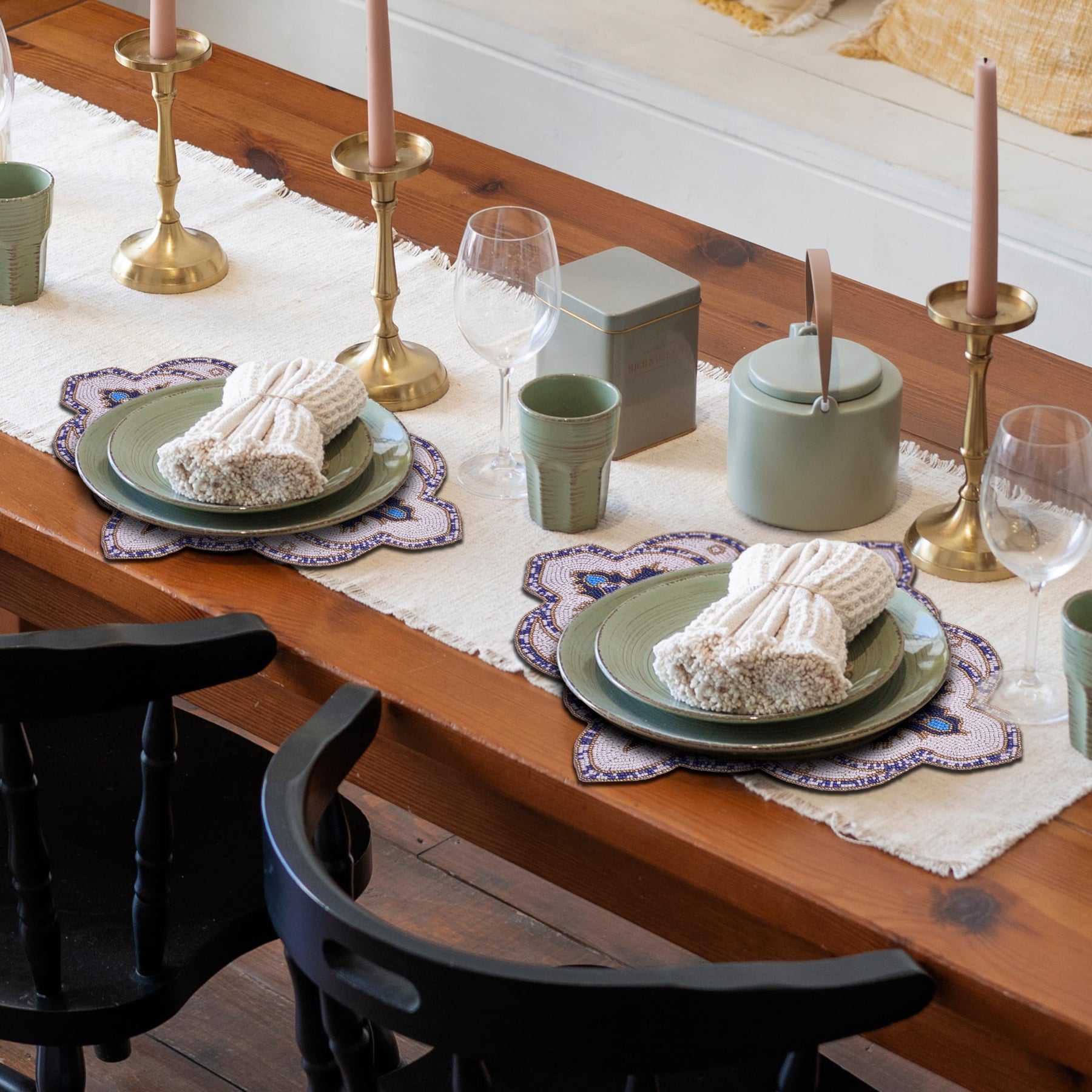 Beaded Placemats Heat-Resistant Table Mats in Blue White