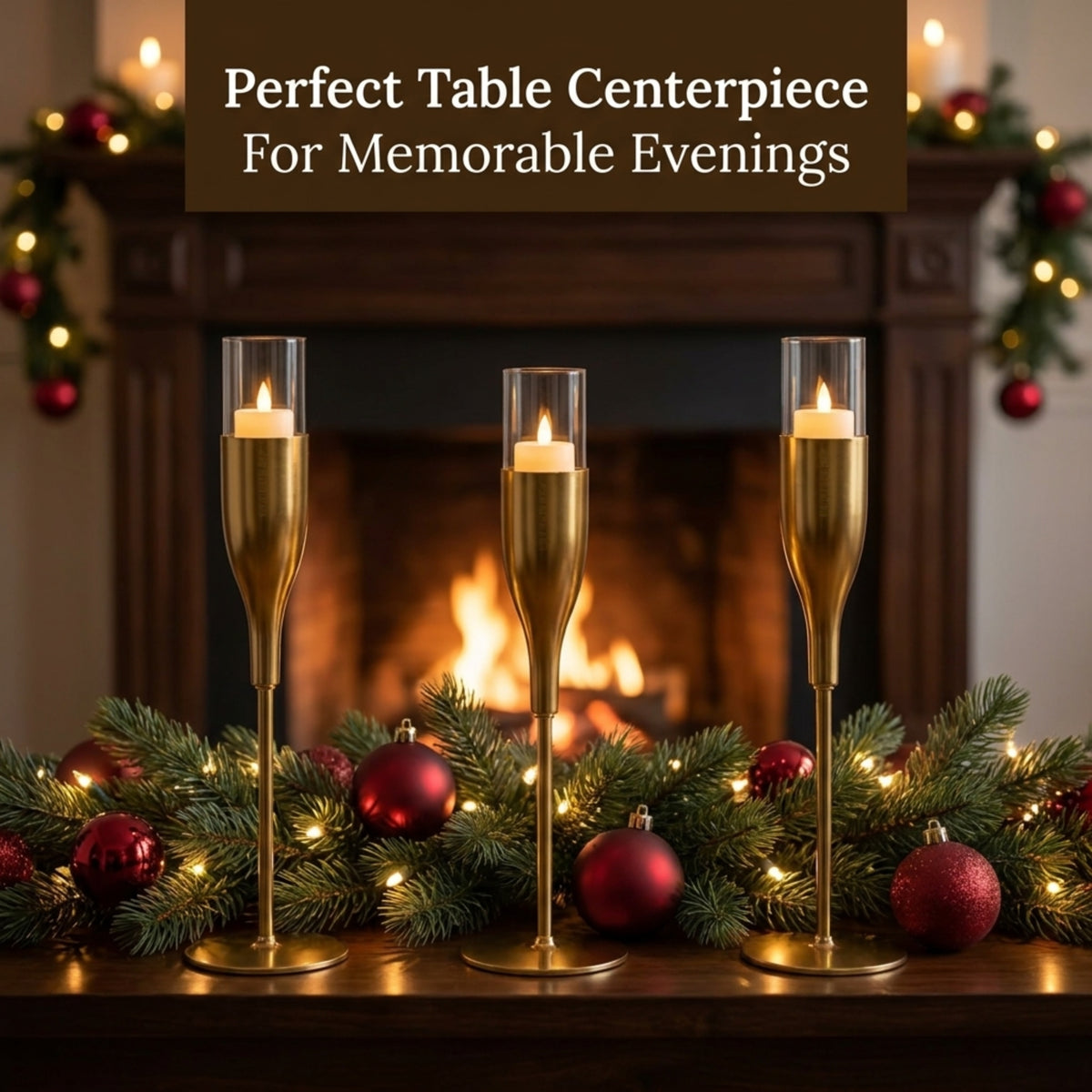 Gold Candle Holder - Wine Glass Flute Set of 3 Elegant Indoor Decor