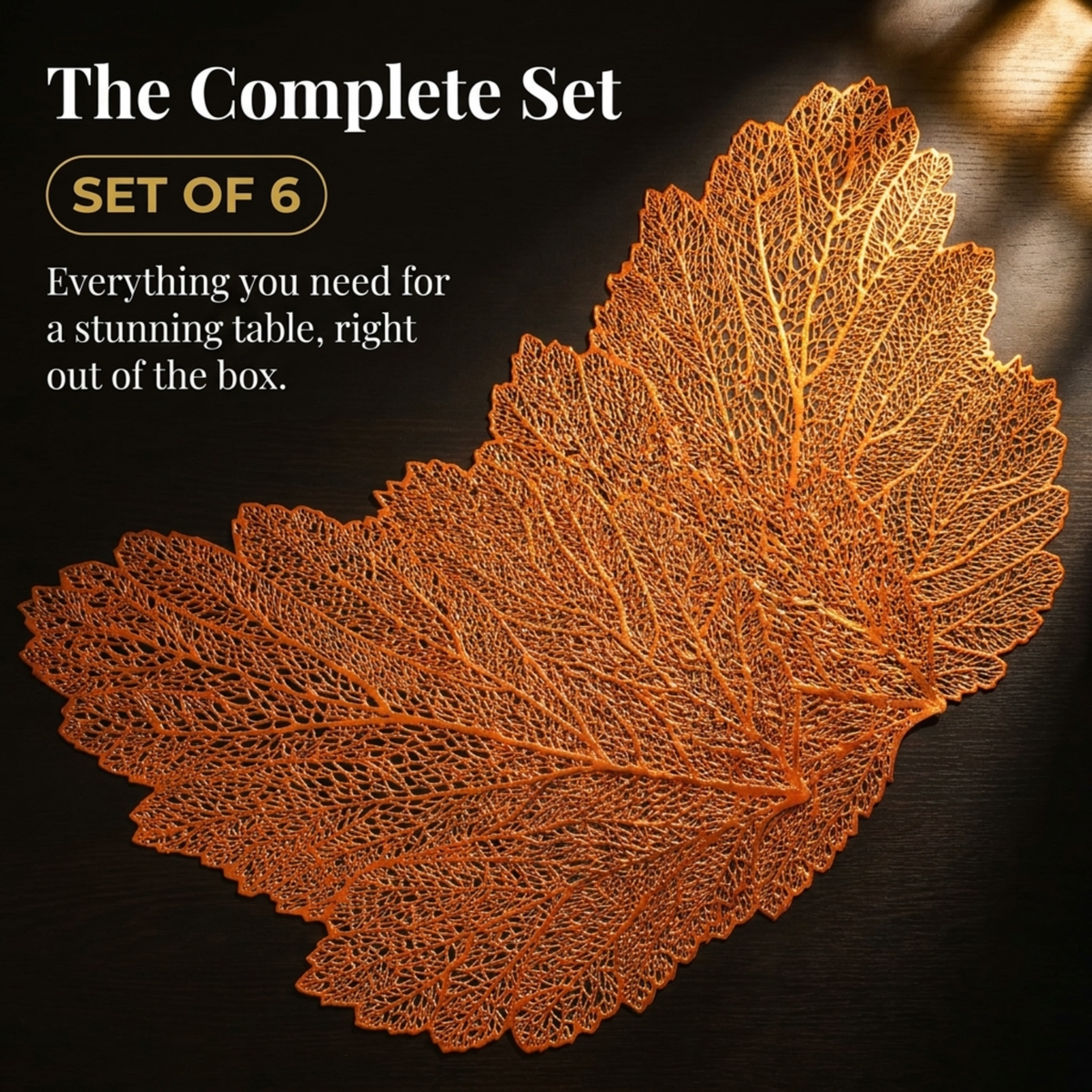 Set of six leaf-shaped cut out vinyl placemats in rose gold finish by AMF023, decorative and protective tableware.