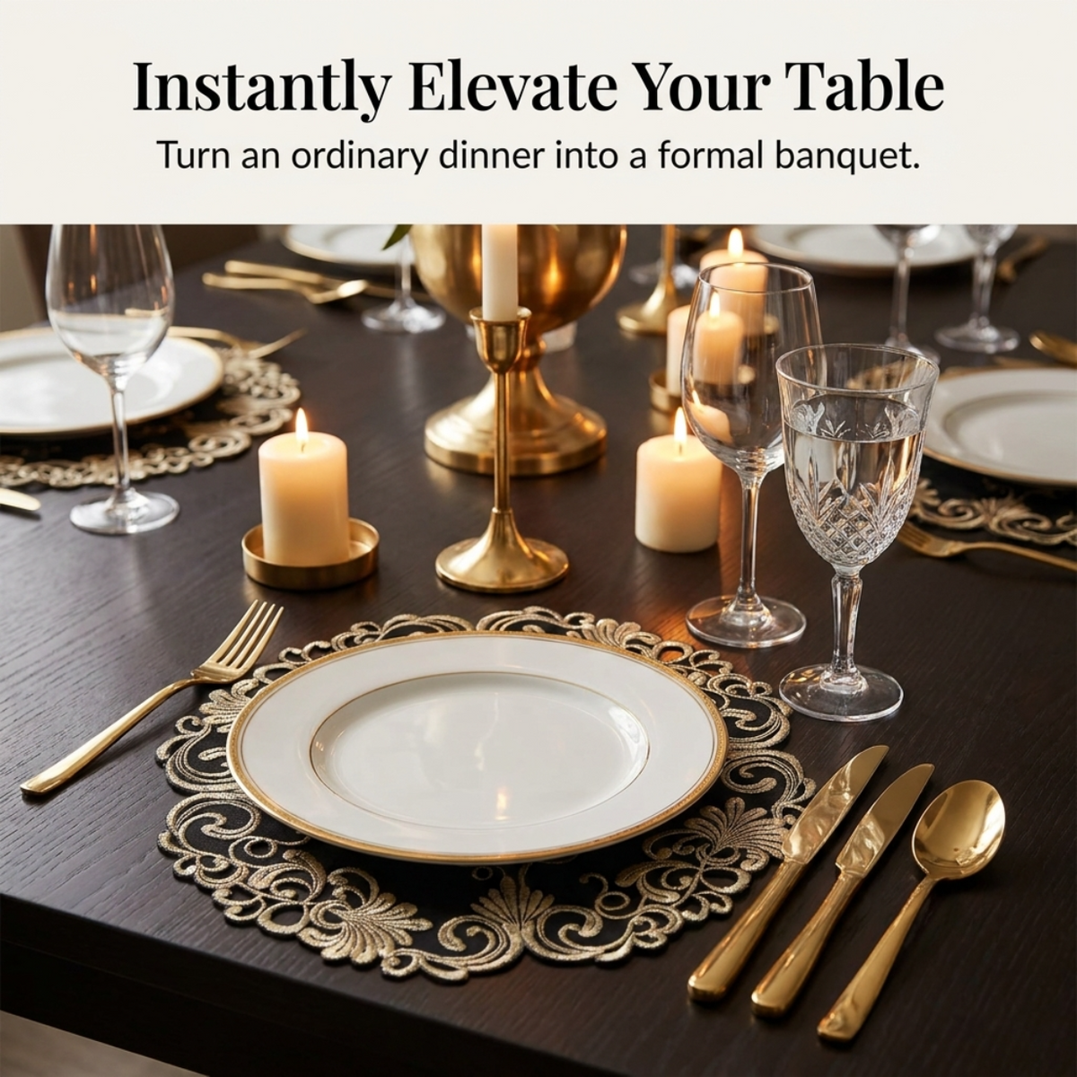 Black gold table doilies from the Chantelle Collection, decorative 15-inch doilies by RIZ-008-DL for home accents.