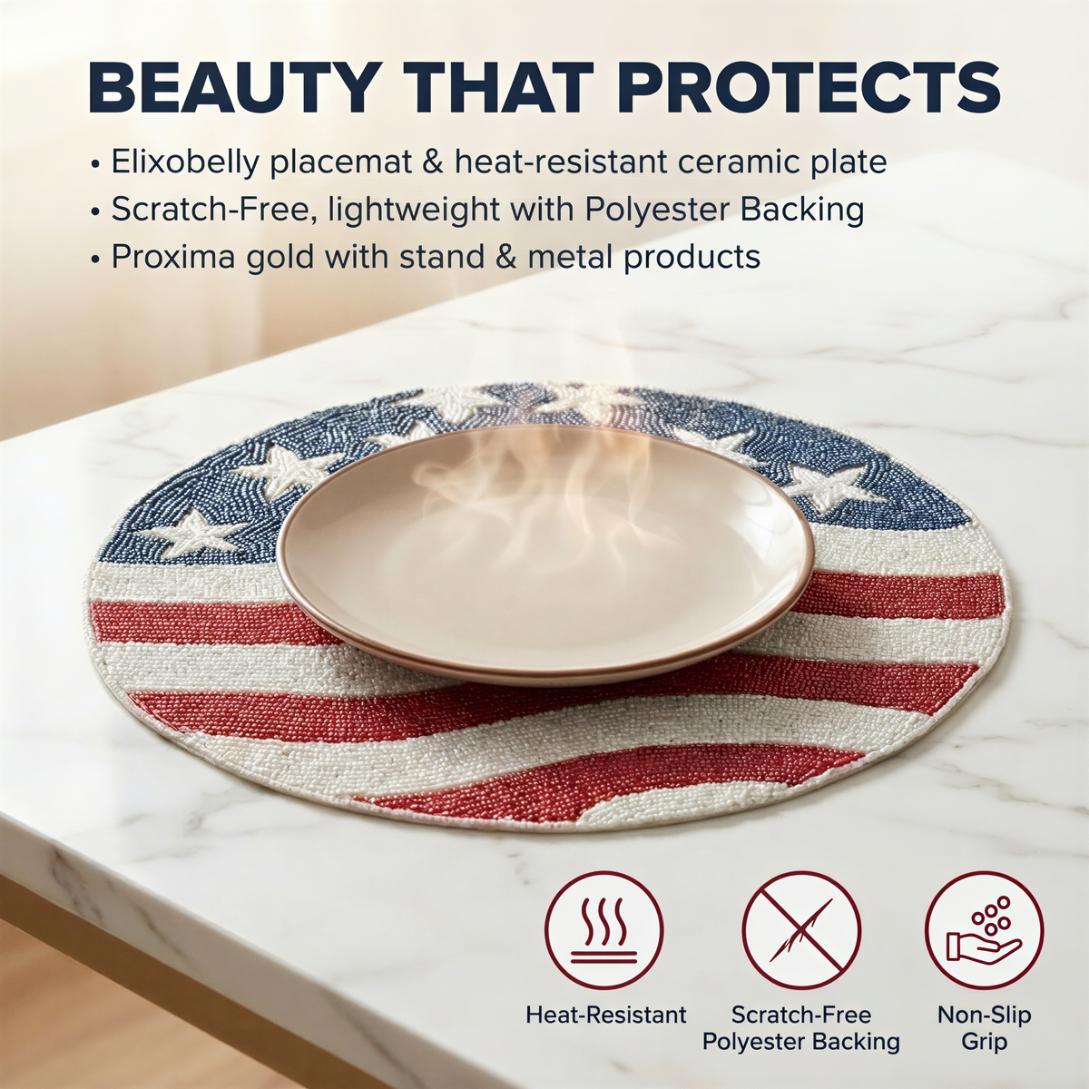 a round place mat with an American flag design, placed on a white marble countertop.