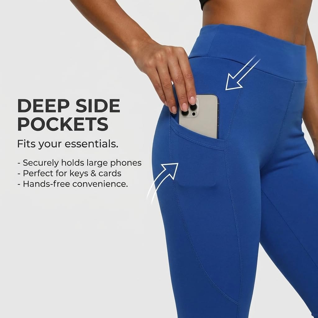Yogazen Women's High-Waist Seamless Leggings with Side Pockets – Blue