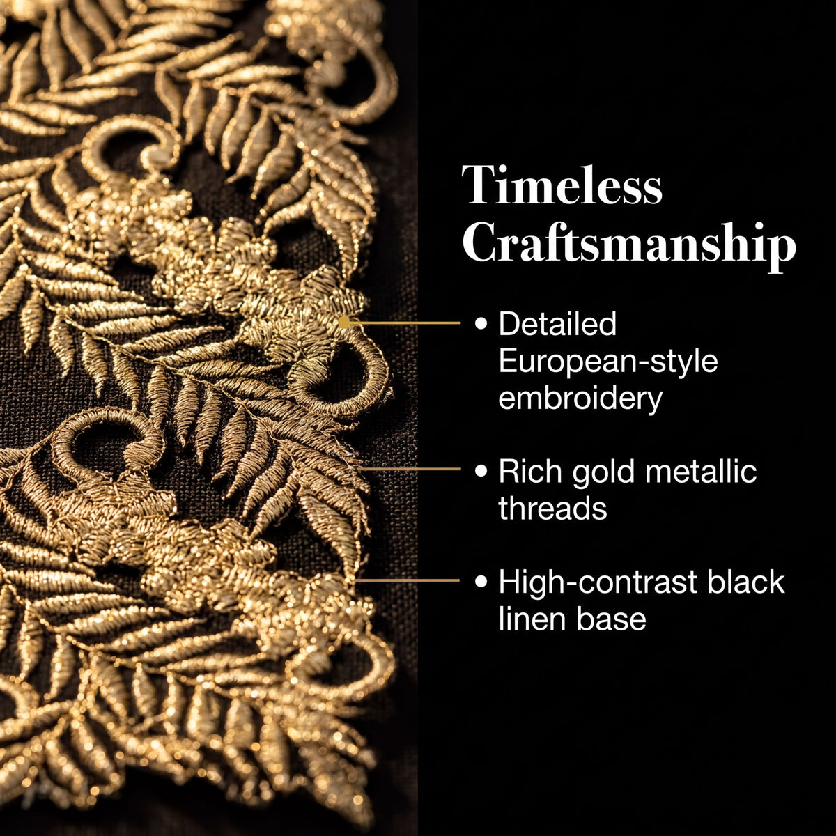 The image is a close-up of a detailed European-style embroidery on a fabric, showcasing the intricate gold metallic threads and the high-contrast black linen base.