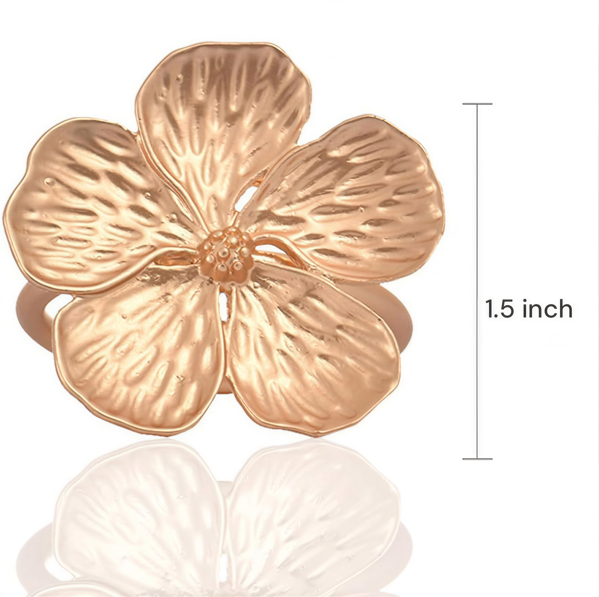 A large, intricately designed gold flower ring with a measurement of 1.5 inches.