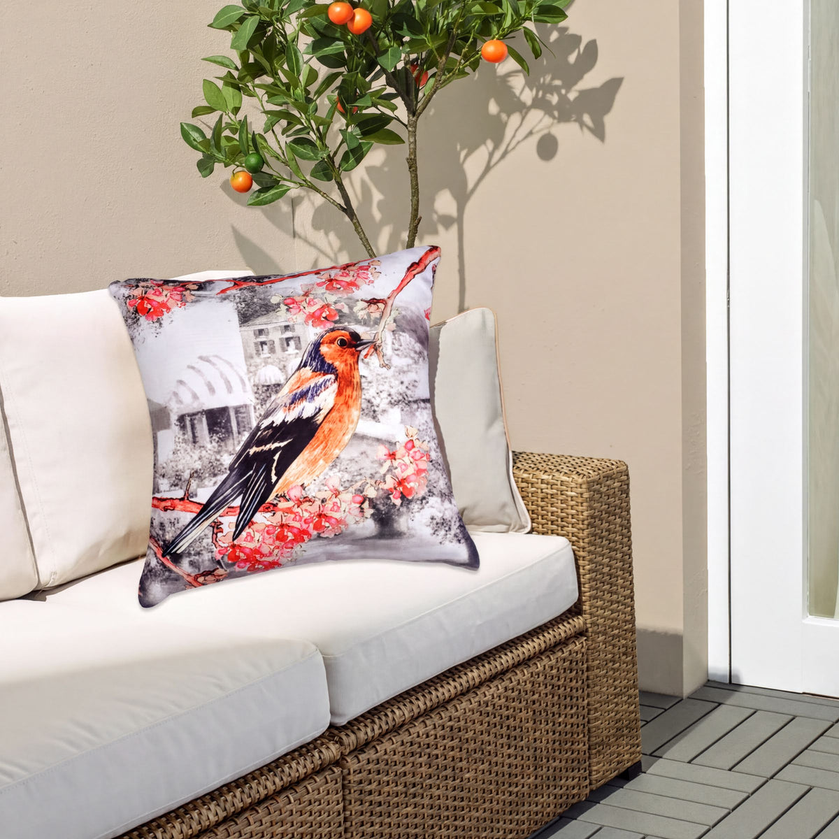 Set of four LD20180010170-4 birds printed design throw pillow covers showing colorful bird patterns on fabric