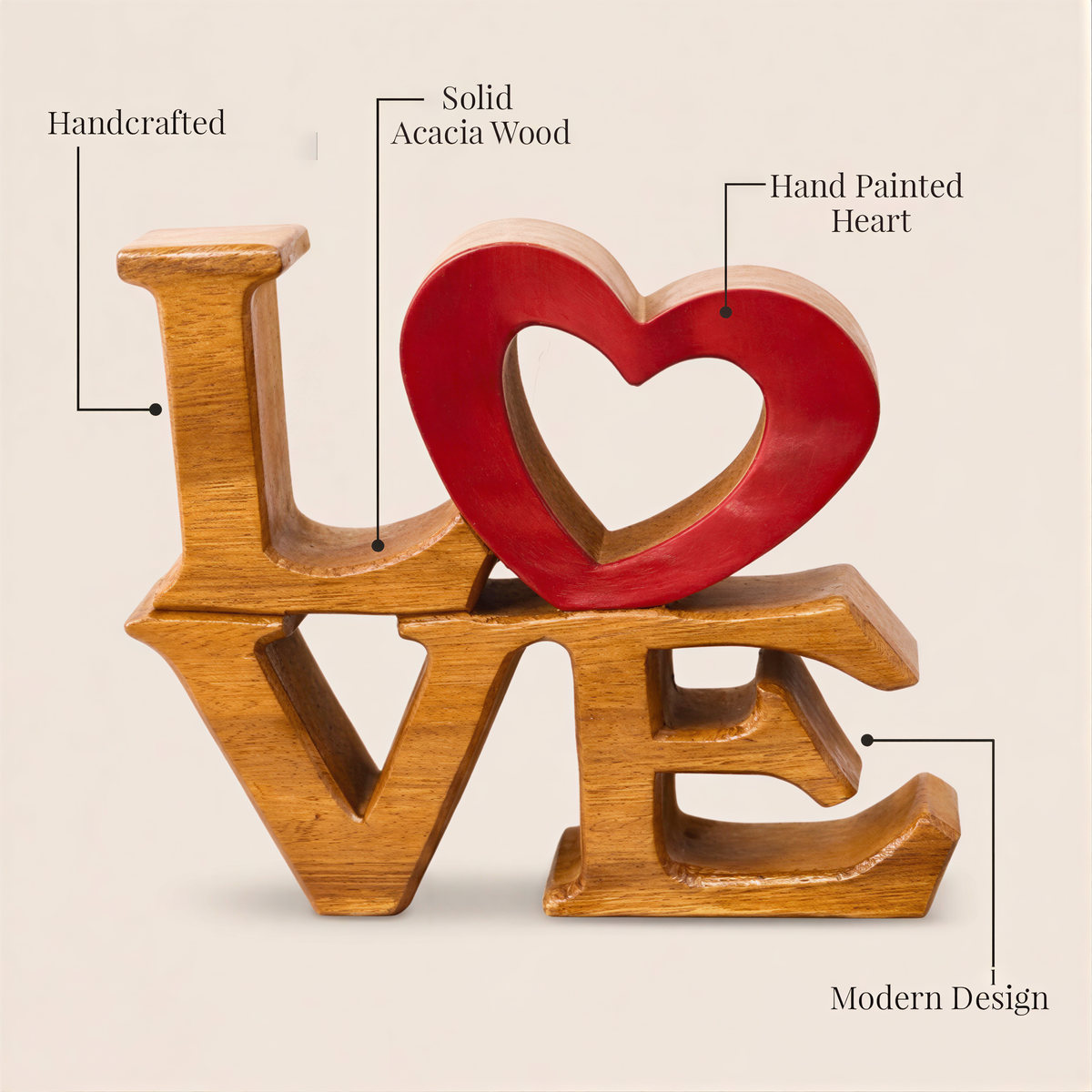 A wooden sign with the word "LOVE" in the center, featuring a red heart-shaped cutout.