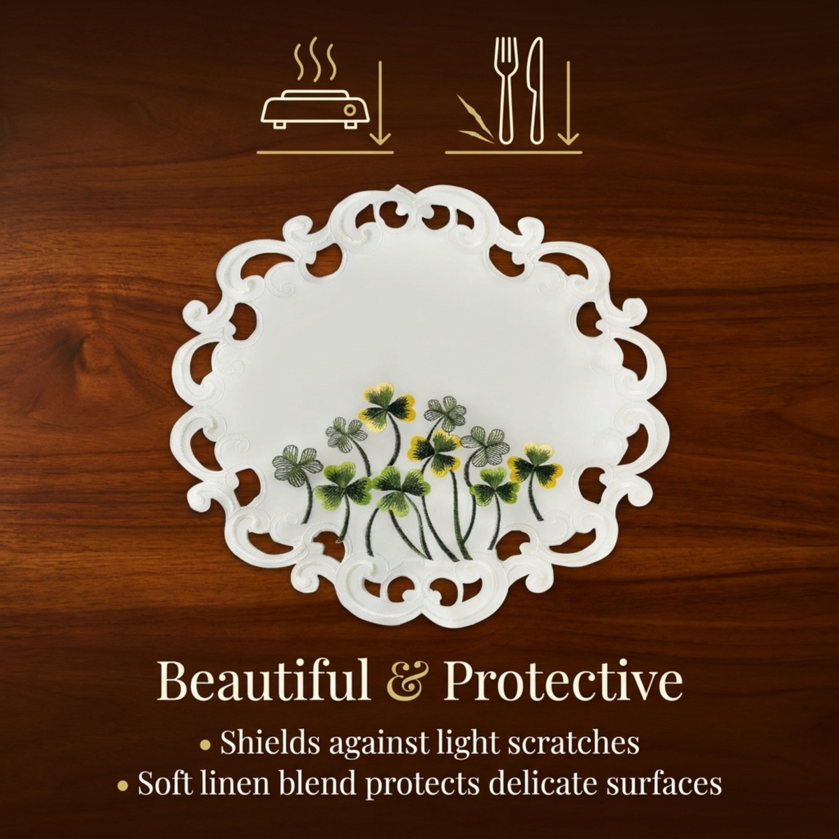 a white lace doily with a floral design, placed on a wooden surface.
