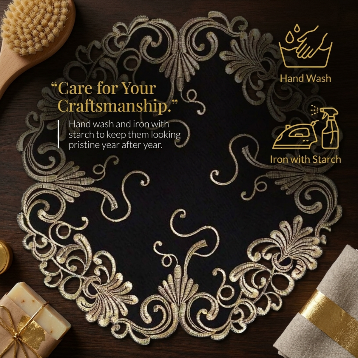 Golden Night black gold table doilies from RIZ-008-DL Chantelle Collection, 15-inch decorative doilies for home accents