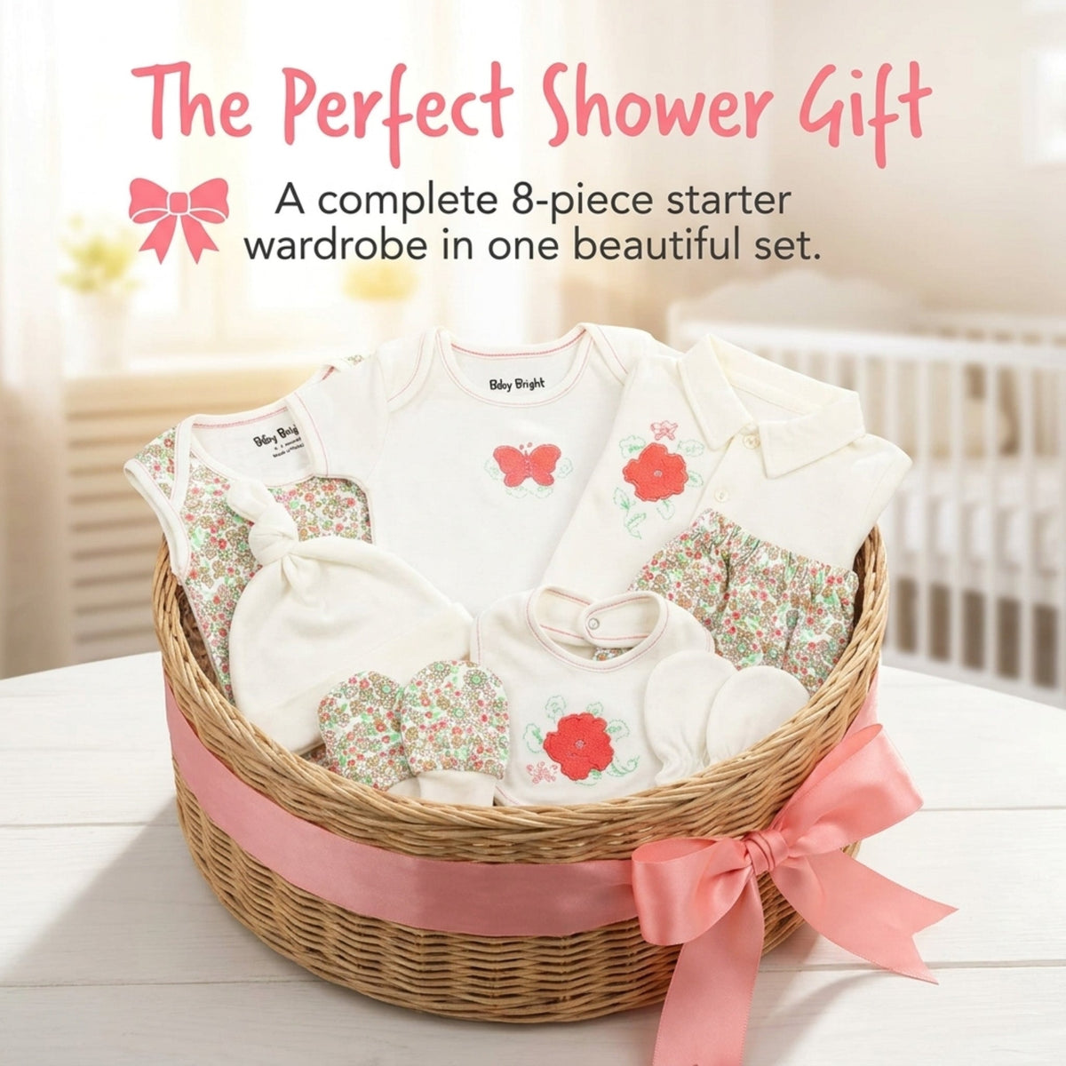 Baby Girl Layette Set – Soft Cotton 8-Piece Newborn Bodysuit Outfit 0-3 Months