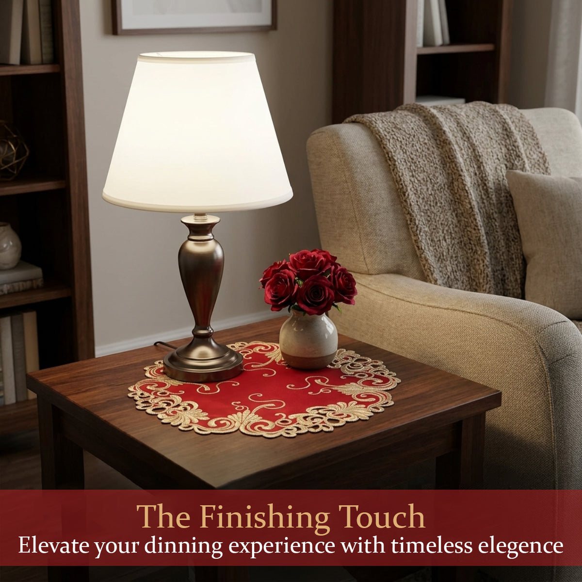 Burgundy gold table doilies from RIZ-009-DL Chantelle Collection, 15-inch decorative doilies for elegant table décor