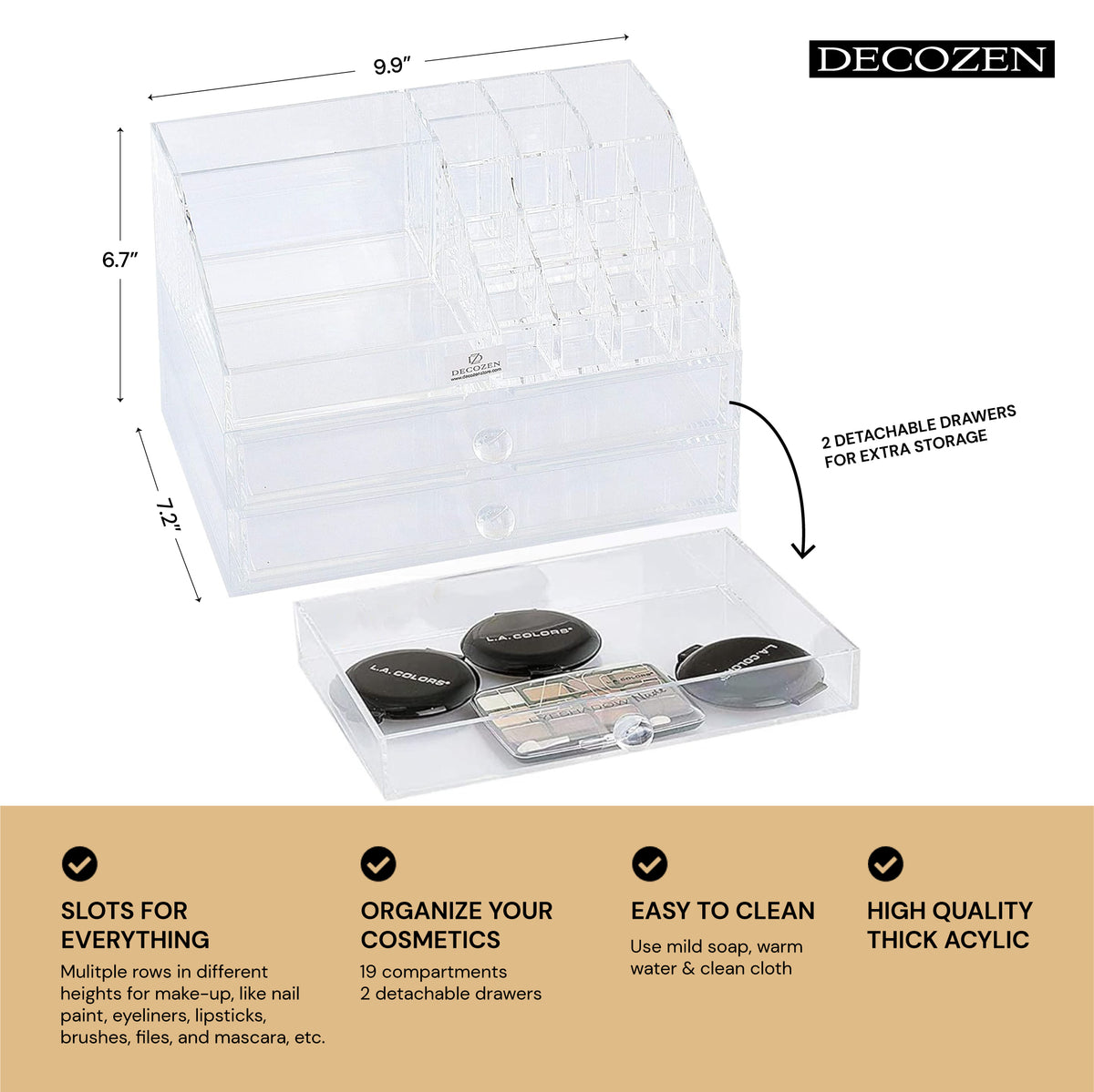 Clear F2503 makeup organizer with 19 slots and 2 drawers, perfect for storing cosmetics and beauty essentials.