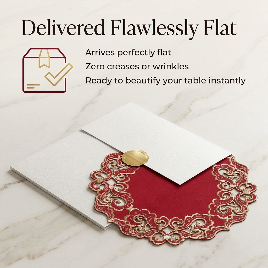 Crimson Glow burgundy and gold table doilies from RIZ-005-DL Granada Collection, 15-inch elegant home décor doilies.
