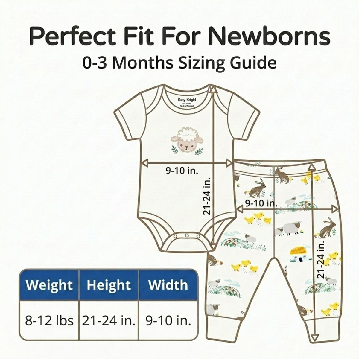 The image is a visual guide for newborns' clothing, providing measurements for a baby's weight, height, and width.