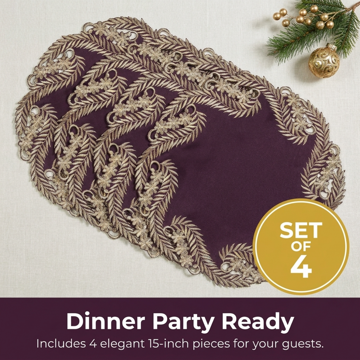 Violet Dream Plum Gold RIZ-012-DL doilies from Anyce Collection, 15-inch decorative table doilies with intricate floral patterns.