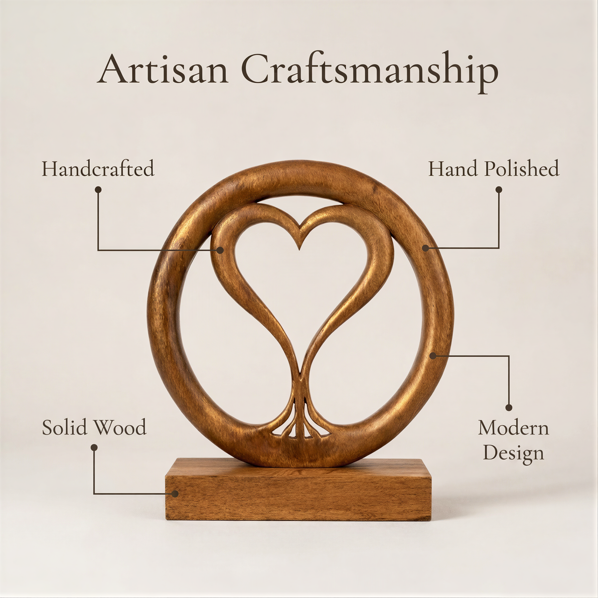a wooden sculpture with a heart-shaped design, showcasing the artisan's craftsmanship.