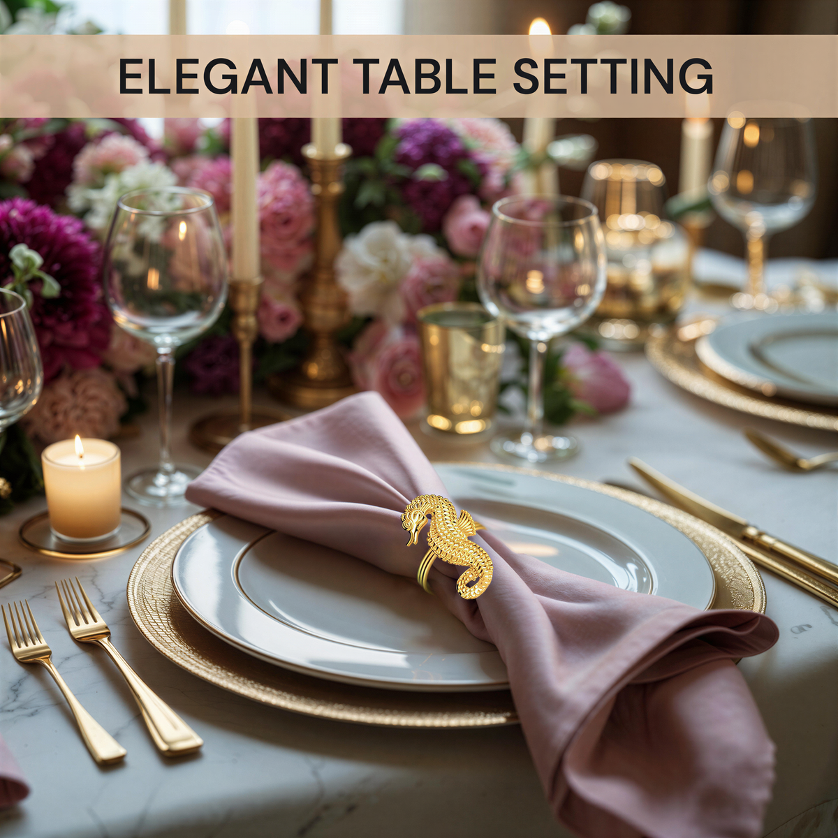 an elegant table setting with a pink napkin ring, gold plates, and silverware.