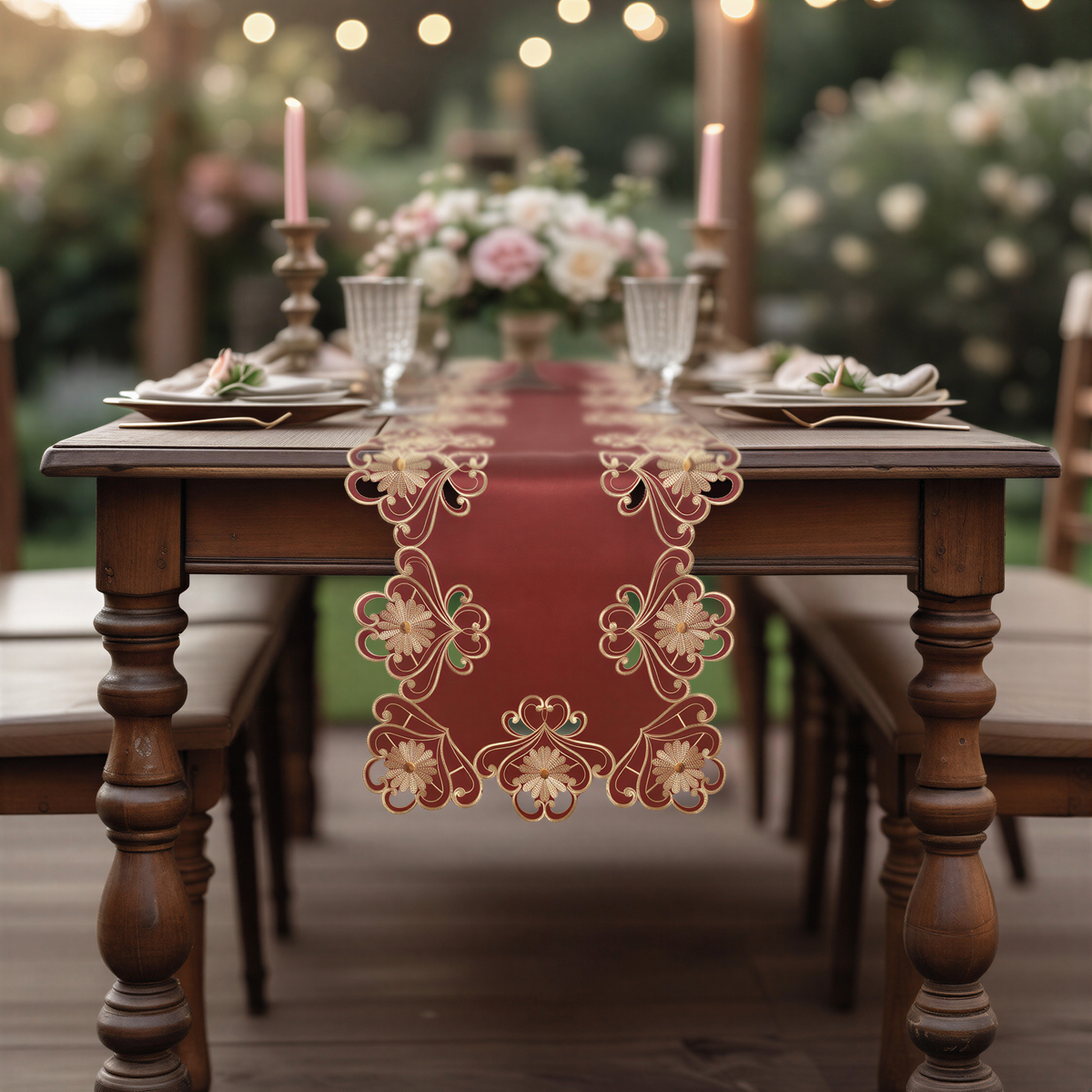 Imperial Red and Gold Lace table runner with European embroidery, decorative dresser scarf, 14x108 inches, by RIZ.