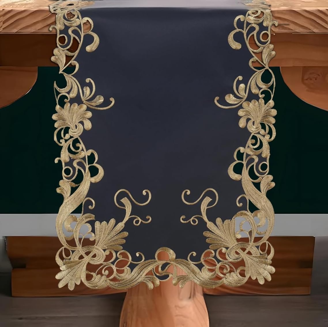 Vintage Opulence – Gold Lace Blue Table Runner, European Embroidery Table Décor 14*108 inch - Decozen