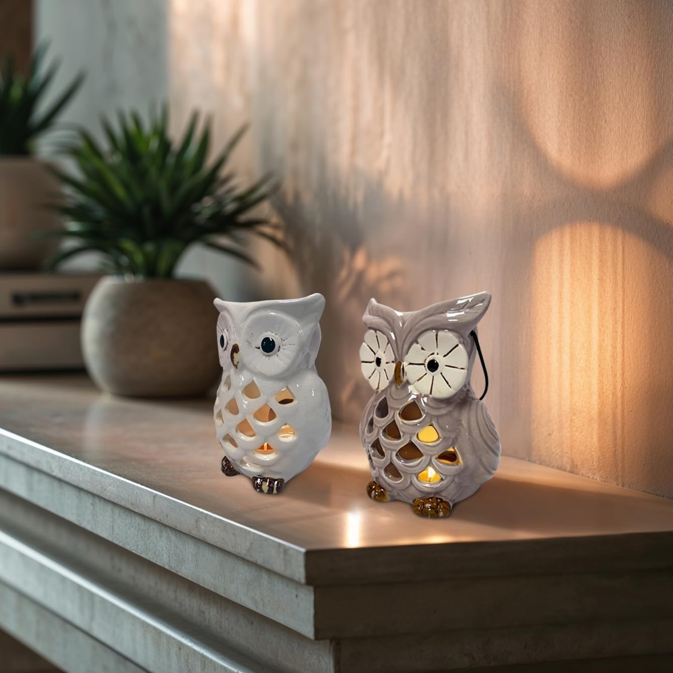 Decozen Lucky Owl Tea Lights and Votive Candle Holders Set of 2 Home Decor for Console Table Centerpiece Patio Dining Living Room Bedroom Office Farmhouse Events Wedding Decorations
