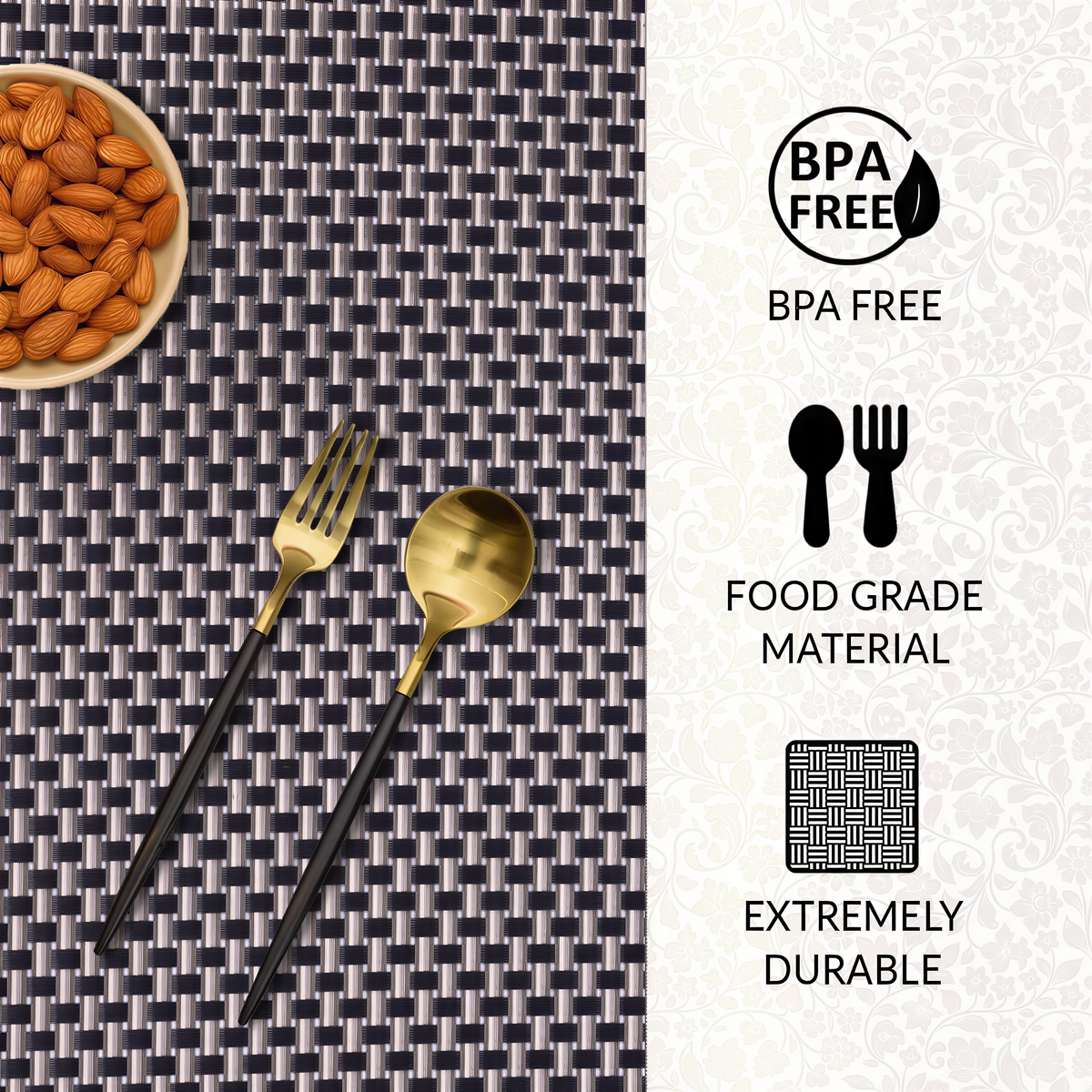 Black and gold PVC placemats with a decorative pattern, heat and scratch resistant, washable indoor and outdoor table protectors.
