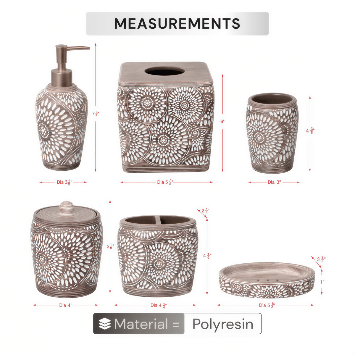 Set of six elegant modern bathroom décor accessories from HG175's Ciccone Collection, including soap dispensers and holders.