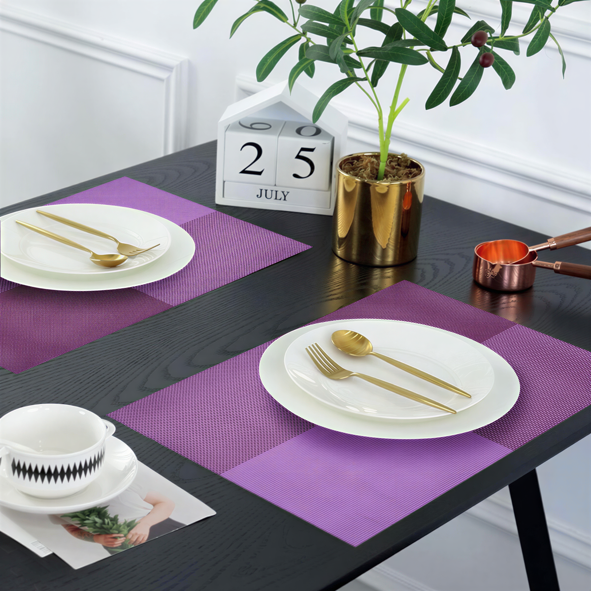 Pink and purple PVC placemats with heat-resistant, washable design, ideal for indoor and outdoor table protection and decor.