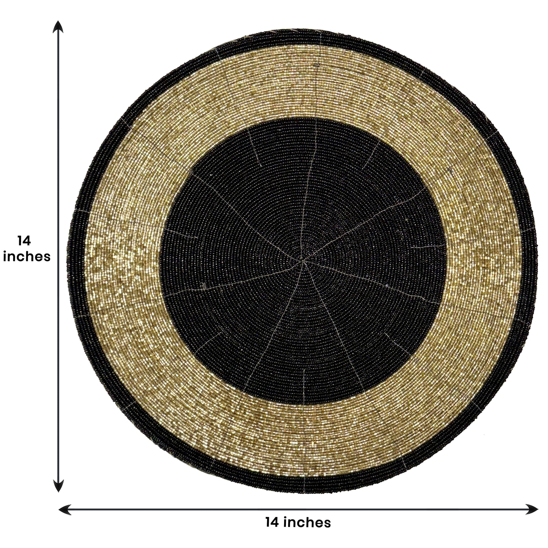 Decozen Round Beaded Placemats - Black and Gold, Set of 12 - 14 Inches - Durable, Scratch & Heat Resistant Tablemats for Dining Table, Kitchen Decor Charger