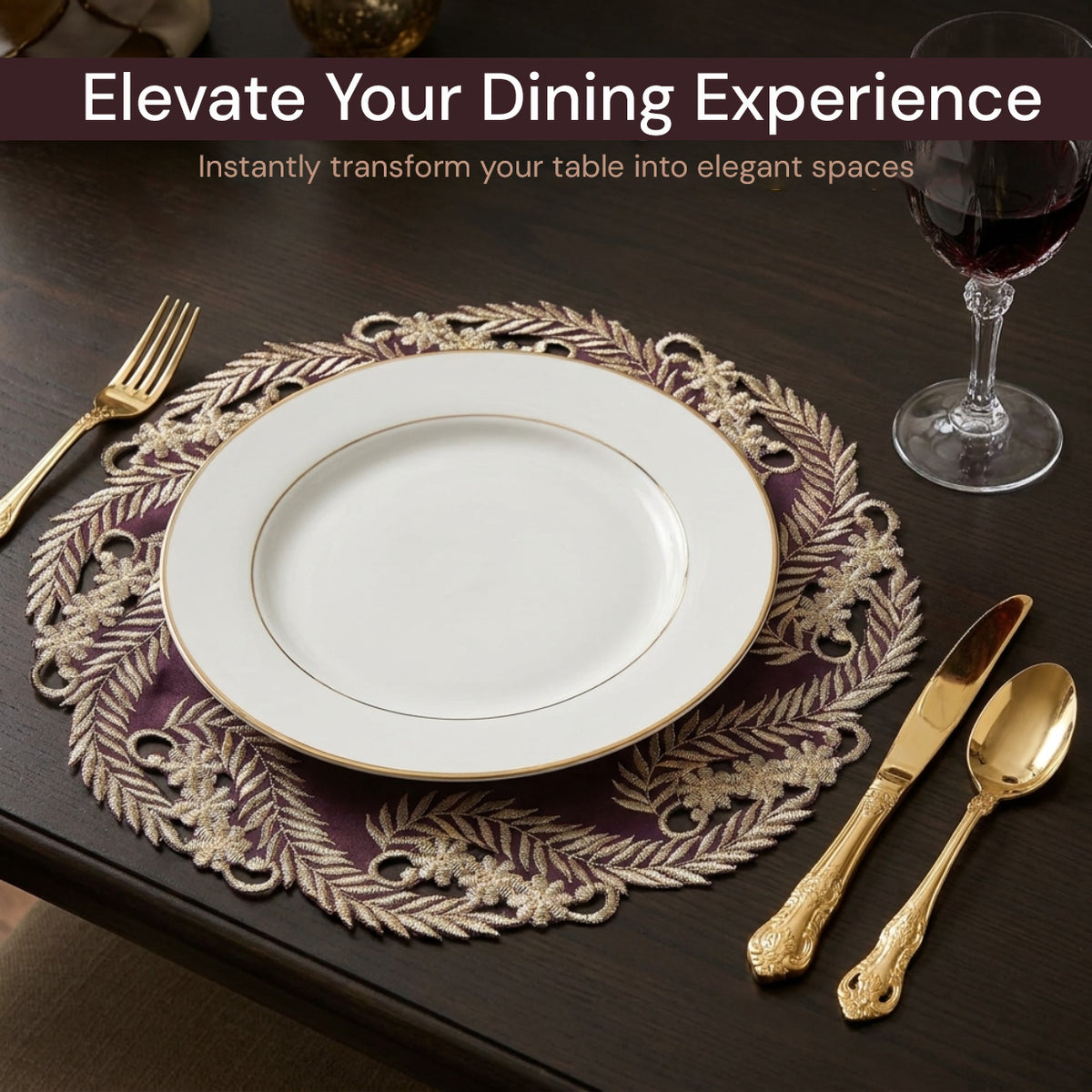 Violet Dream Plum Gold table doilies from Anyce Collection, 15-inch decorative doilies by RIZ-012-DL for artistic home décor