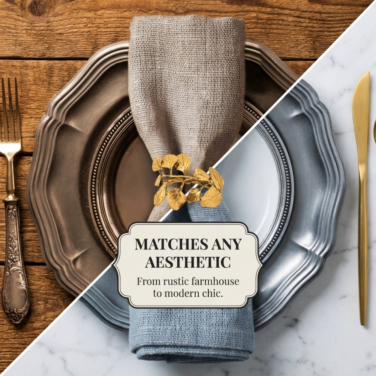 Set of six YGC-006 Golden Harmony napkin rings with gold leaf design, elegant table decor for dining occasions