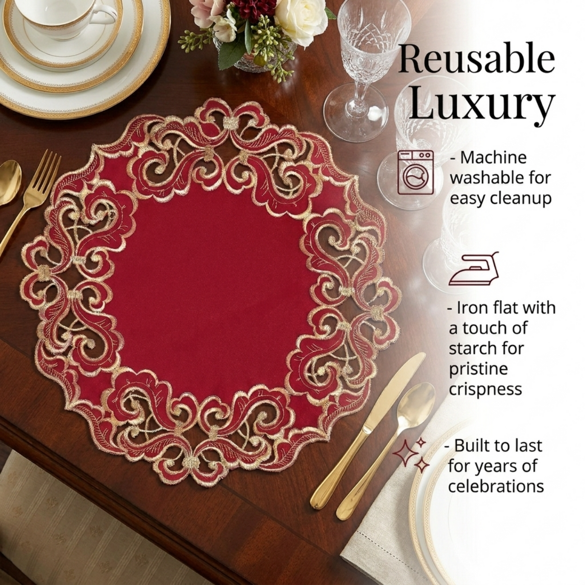 Burgundy and gold table doilies from RIZ-005-DL Granada Collection, 15-inch elegant home décor doilies displayed on a surface.