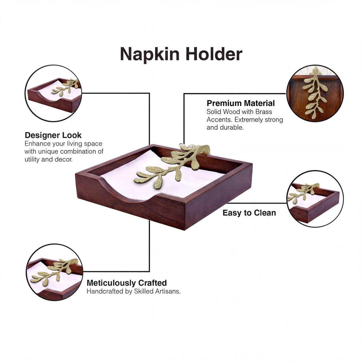 Solid wood napkin holder with gold finish ornament, stylish napkin dispenser for elegant table settings.
