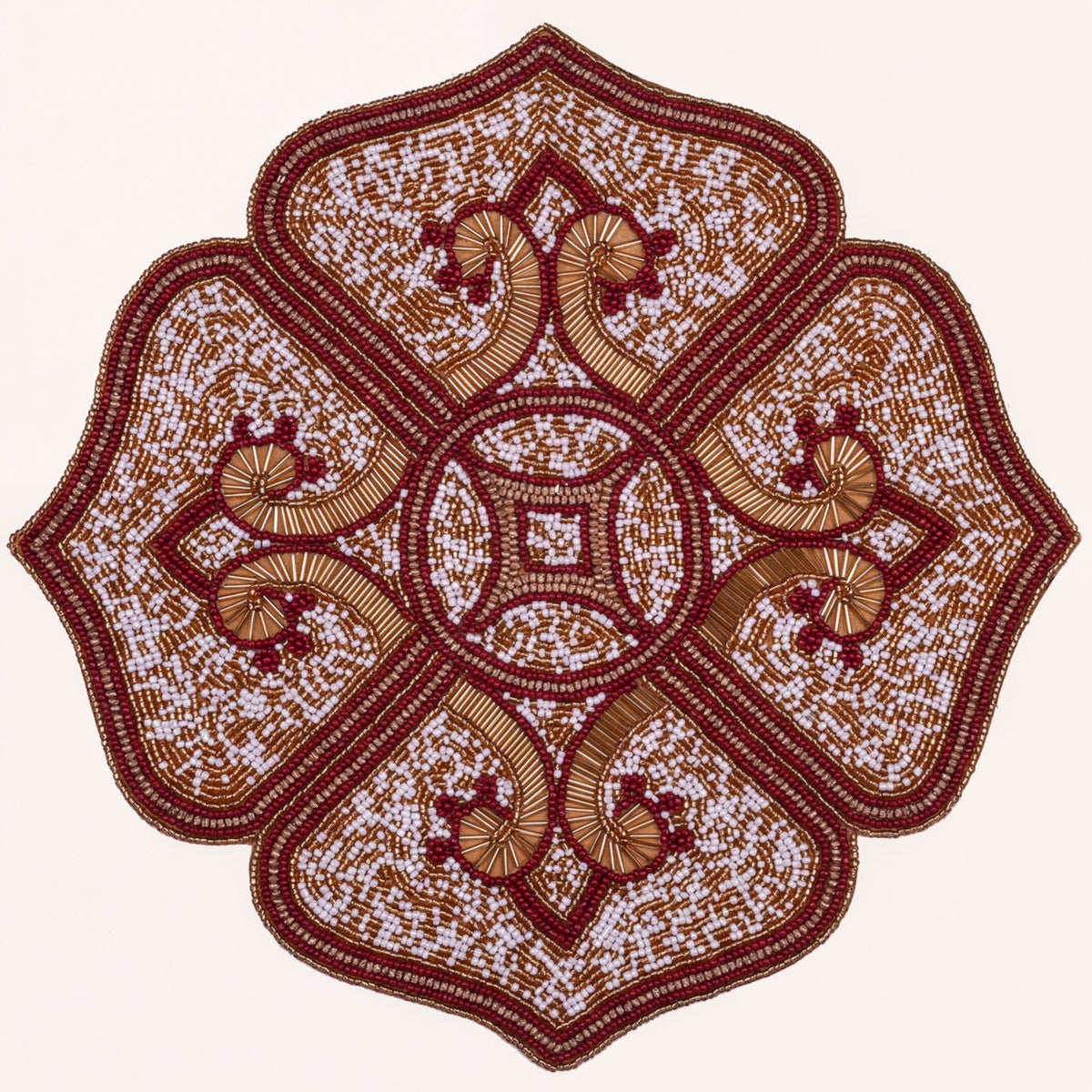 Crimson Frost embroidered beaded placemat in gold, red, and white, decorative 15-inch table decor by PM-50.