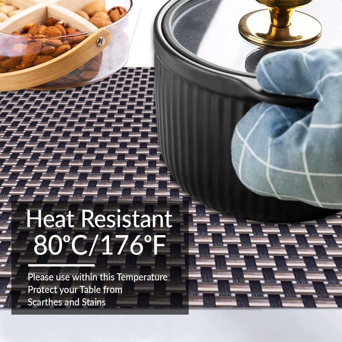 Decozen Placemats - Table Protector for Kitchen Decor Scratch Heat Resistant Placemats Washable Wipeable Indoor Outdoor Home Decor Table Place Mats Vinyl PVC 18x12 Inches - Black Gold
