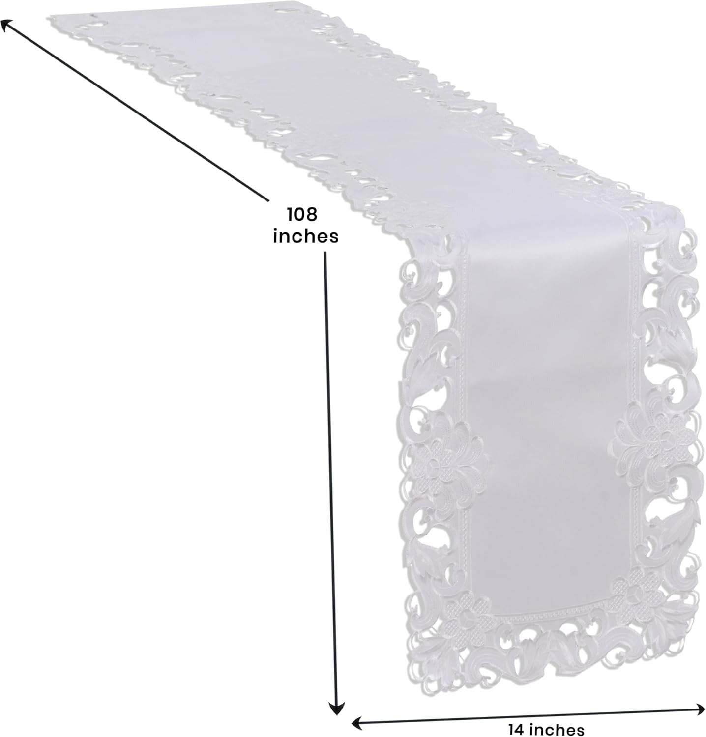 Decozen White Table Runner - European Embroidery Dresser Decor Scarf for Home, Kitchen, Dining, and Wedding - 14 x 108 Inches - Valentines Day Decor - The Snow Blossom Collection