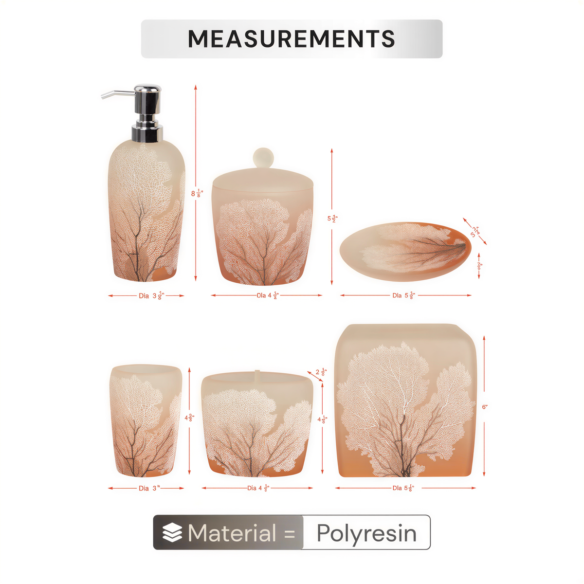 Six modern bathroom décor accessories from The Carruthers Collection by AH7005, including soap dispensers and holders.
