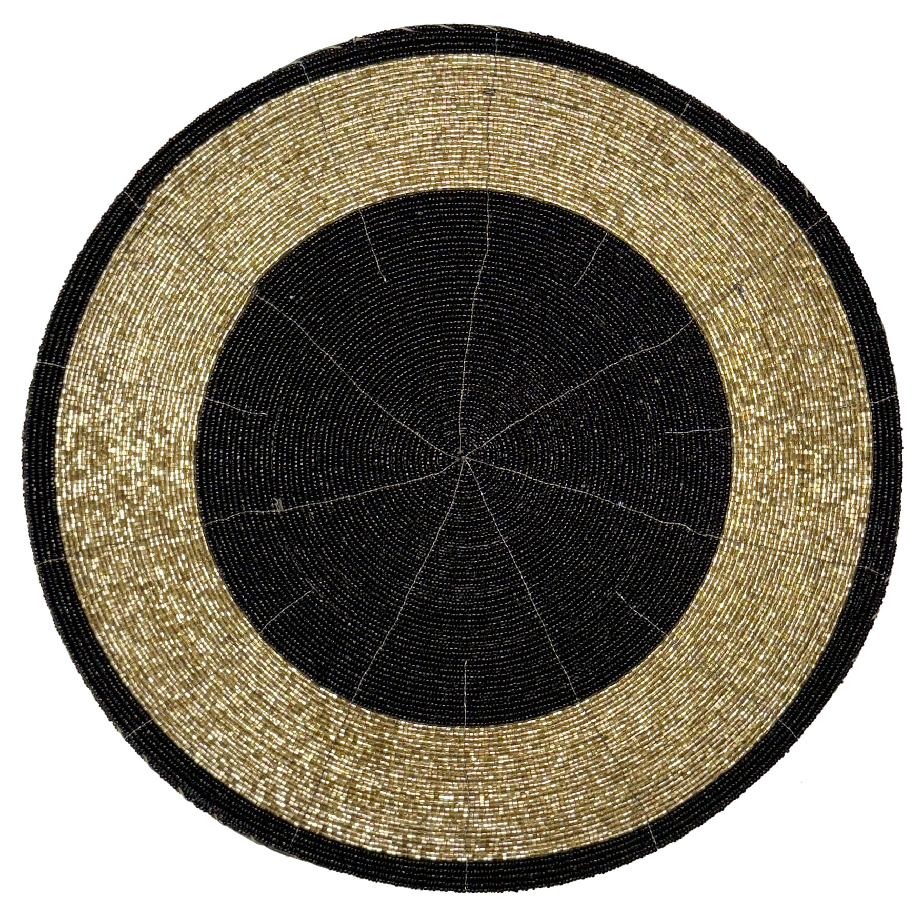 Decozen Round Beaded Placemats - Black and Gold, Set of 12 - 14 Inches - Durable, Scratch & Heat Resistant Tablemats for Dining Table, Kitchen Decor Charger