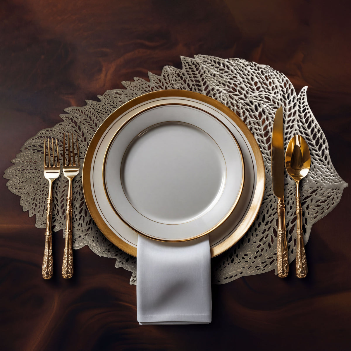 Set of 6 leaf cut out vinyl placemats by AMF033-GLD featuring elegant leaf-shaped cutouts for dining decor.