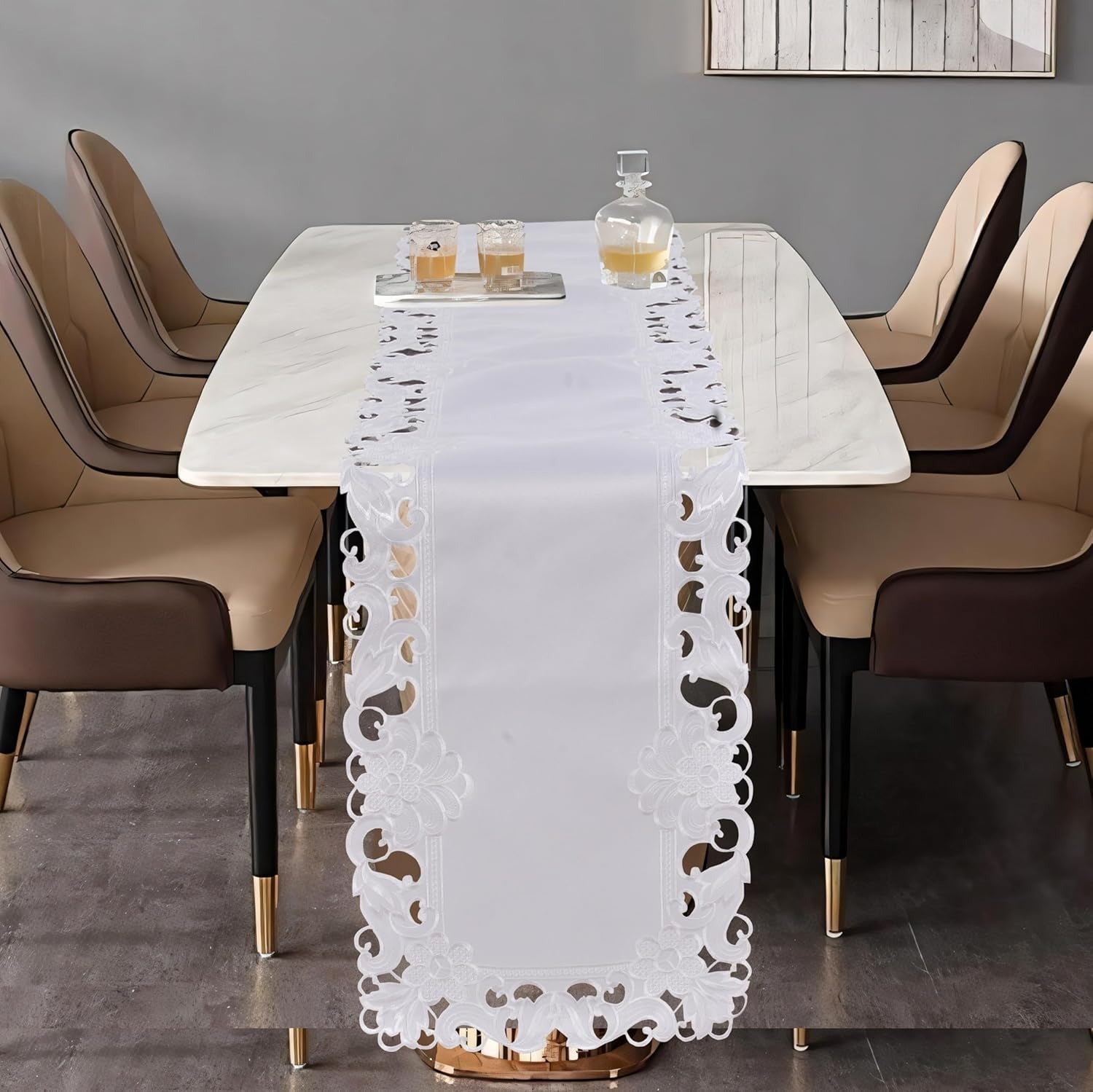 Decozen White Table Runner - European Embroidery Dresser Decor Scarf for Home, Kitchen, Dining, and Wedding - 14 x 108 Inches - Valentines Day Decor - The Snow Blossom Collection