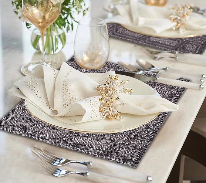 Elegant embroidered beaded placemats from Creola Grace, 15-inch decorative charger plates for stylish dining table décor.
