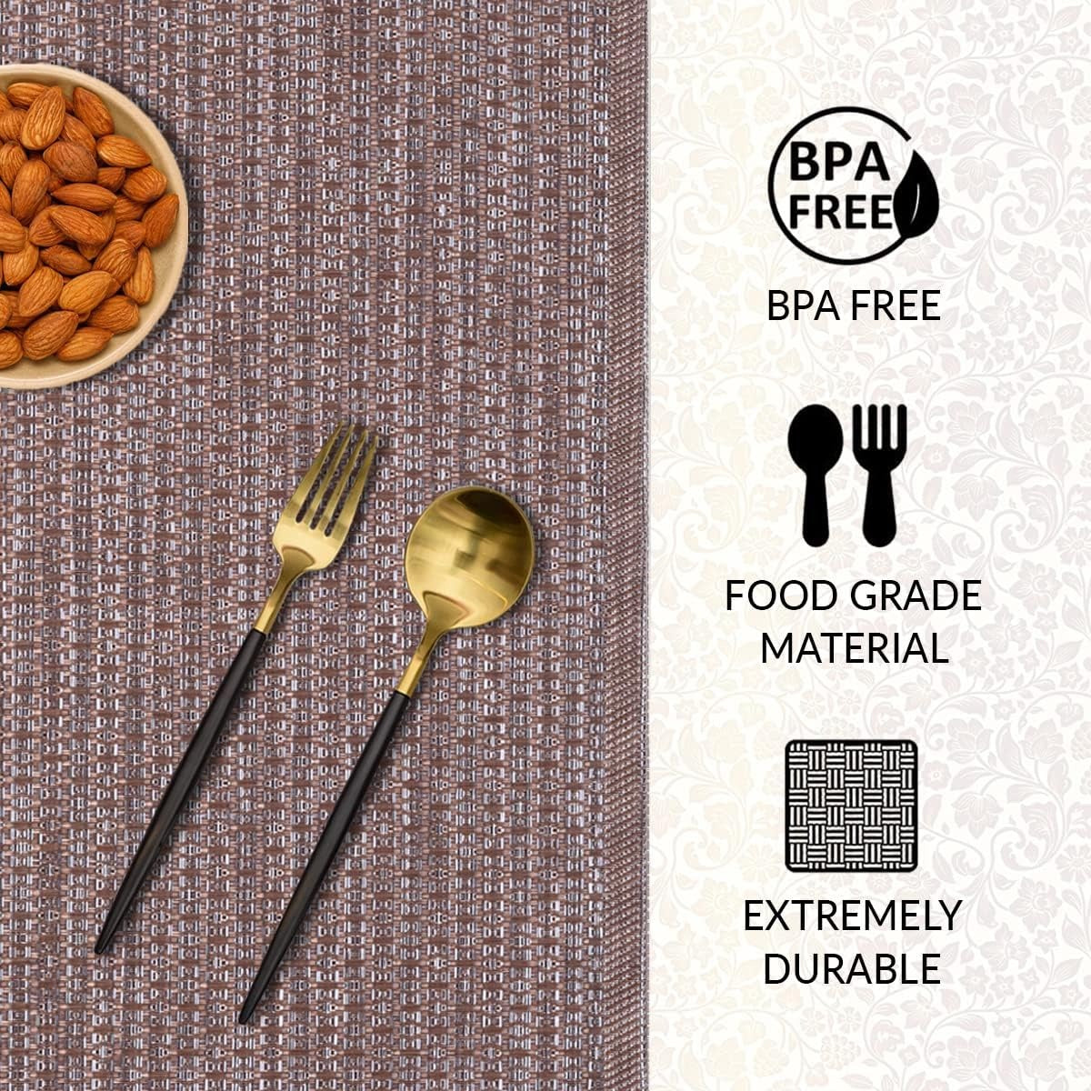 Decozen Placemats - Table Protector for Kitchen Decor Scratch Heat Resistant Placemats Washable Wipeable Indoor Outdoor Home Decor Table Place Mats Vinyl PVC 18x12 Inches - Brown Gold
