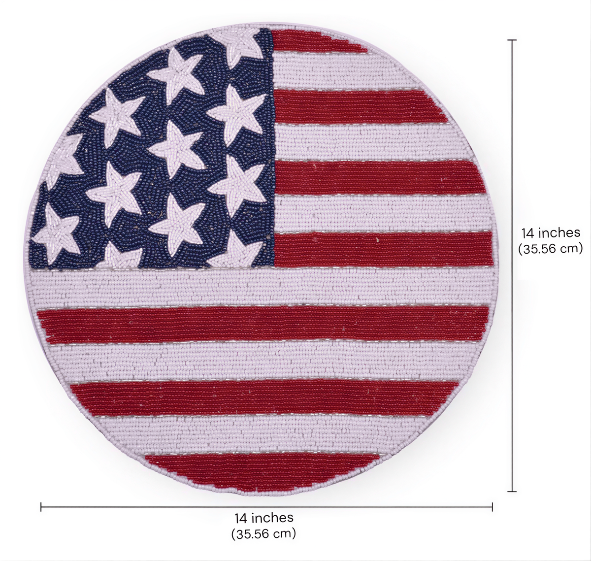 a circular design that resembles the American flag, with a pattern of red, white, and blue stripes and white stars. The design is approximately 14 inches in diameter, with a width of 35.56 cm.