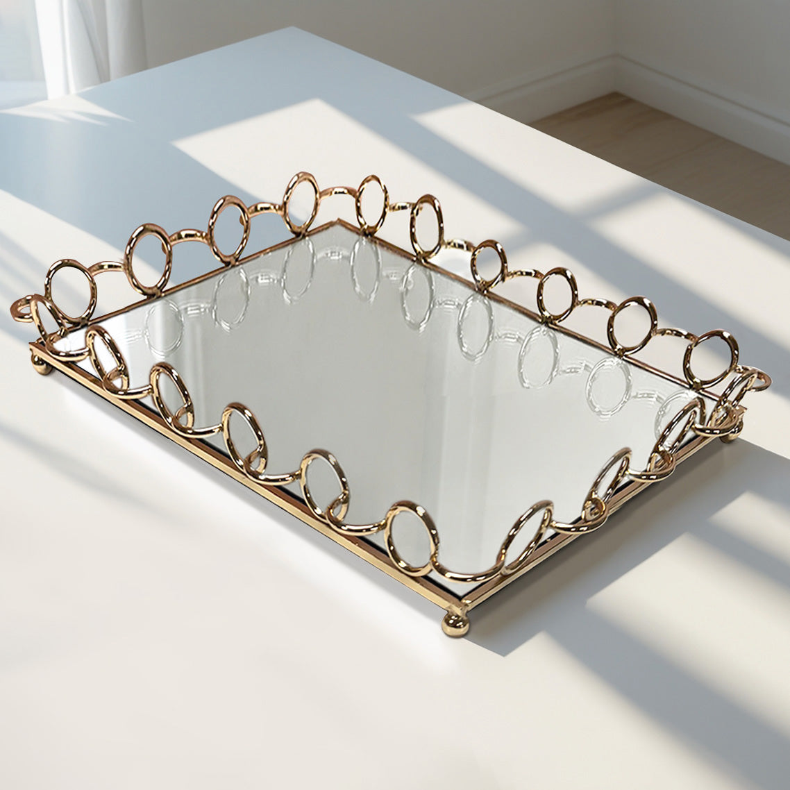 Glass serving tray with ring accents, perfect for kitchen décor, featuring a clear glass surface and elegant design.